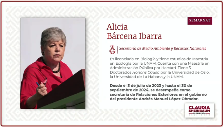 Alicia Bárcena será la titular Secretaria de Medio Ambiente y Recursos Naturales.